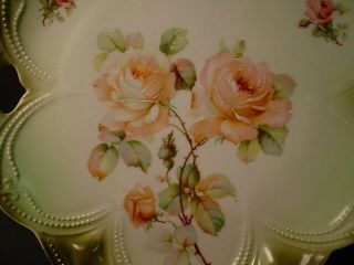 Germany Porcelain Pierced Handle Cake Plate Peach Roses with Green Emboss Border 2