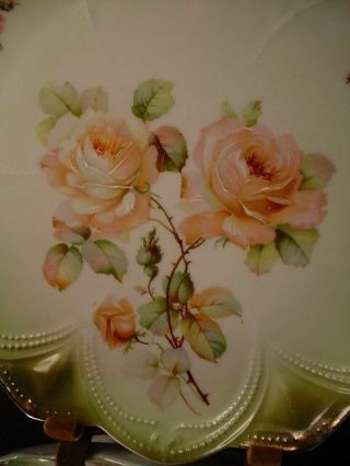 Germany Porcelain Pierced Handle Cake Plate Peach Roses with Green Emboss Border 3