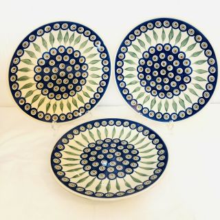 3 Boleslawiec Hand Made In Poland Polish Pottery Blue Peacock Dinner Plates 10 "