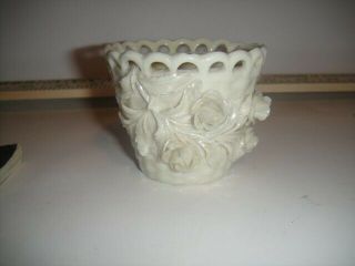 Early Black Mark Vintage Belleek Irish Porcelain Basketweave Applied Flower Vase