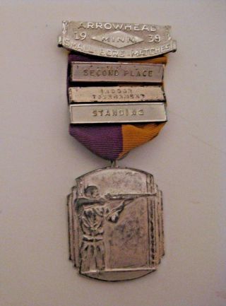Vintage 1938 Arrowhead Minnesota 2nd Place Small Bore Shooting Match Pin Medal