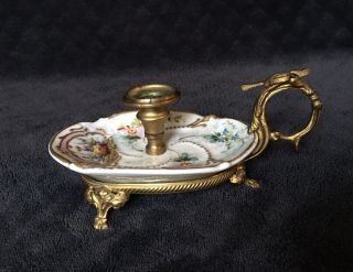 Rare Antique Sevres Omalu Gilt Bronze Mounted Footed Porcelain Chamber Stick