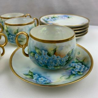 Noritake Nippon Luster Cups & Saucer Set Of 6 - Blue Flowers Hand Painted