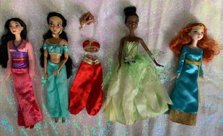 Euc Barbie Disney Princess Dolls Jasmine,  Mulan,  Tiana,  Merida,  Abu Monkey