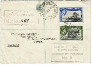 Gilbert & Ellice 1945 Canton Island Cancel On Registered Cover To England