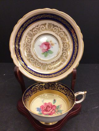 Paragon Hand Painted Floating Pink Rose Cup & Saucer Cobalt & Gold Trim