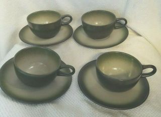 Edith Heath Pottery,  Sea & Sand Dark Green: 4 Coupe Cups & 4 Saucers
