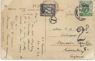 Hong Kong China 1922 Card To Uk Underfranked With Postage Due On Arrival