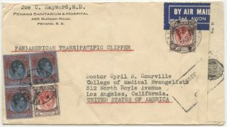 Malaya,  Wwii Airmail,  1939 Pan Am Clipper Cover W/penang Cds,  Censor Label & H/s
