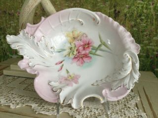 Rs Prussia Early Years Plume Mold Oval Bowl.  11.  5”.  Pink.  Hand Painted