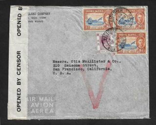 Hong Kong China V Handstamp Censored Airmail Cover To Usa 1941