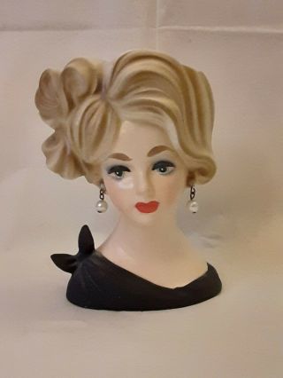 Vintage Napco Lady Head Vase C7293 Blonde Hair Black Dress,  Pearls