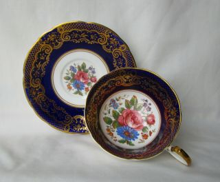 Aynsley Tea Cup And Saucer Cabbage Rose Floral Cobalt Blue Gold Gilt