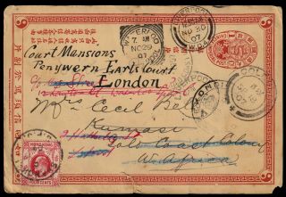 China 1907 1c Postal Card Via Hong Kong To Gold Coast,  Redirected To England.  上海
