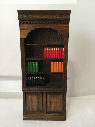 Vintage Dollhouse Miniature Wood Bookcase With Removable Books,  Dental Molding