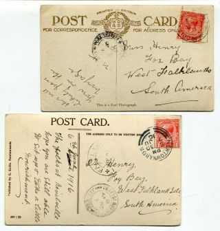Falkland Islands 1916 / 1918 Incoming Postcards From Uk X 2 - Uncommon -