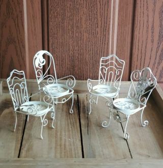 Dollhouse Miniatures Set Of 6 White Metal Chairs 4 " Patio Diner Furniture