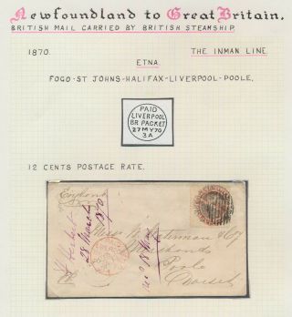 1870 Newfoundland Cover To Poole,  Inman Line,  12c Fogo Cds Paid Liverpool Packet