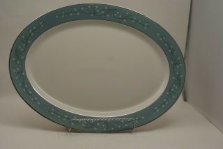 Syracuse Minuet Ivory Leaves On Blue Platinum Trim 12 1/8 " Oval Serving Platter