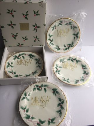 4 (four) Mikasa Ribbon Holly Salad Plates Christmas Fine Bone China 8 1/4 In