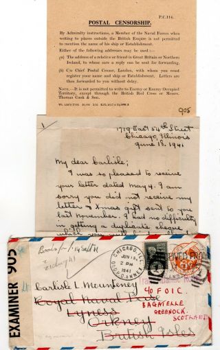 1941 Usa Via Bermuda (censor) To Gb Airmail Cover / Royal Navy / Unusual Insert.