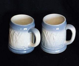 2 Antique Mugs Western Stoneware Monmouth Illinois Blue White Cattail