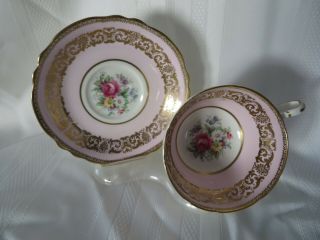 Paragon Cup Saucer Double Warrant Floral Centers Pink W/ Gold Filigree Bands Eng