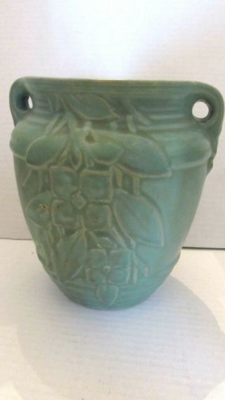 Vintage Nelson Mccoy Art Pottery Matte Green Handled Dogwood Vase