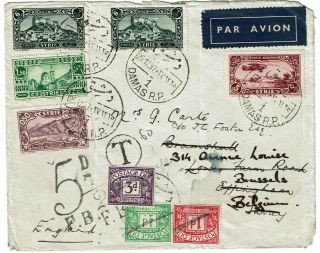 Syria 1937 Damas R.  P.  Cancel On Airmail Cover To England,  Re - Directed To Belgium