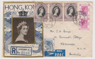(k160 - 8) 1953 Hong Kong Fdc Qeii 3coronation,  3 Kgvi Stamps Reg No.  0914 To Au (h)