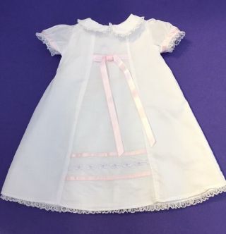 American Girl Bitty Baby Doll White Long Dress Gown Pink Ribbon Bow Lace Trim