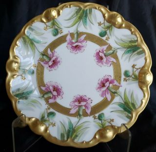 Antique Limoges France Elite Hand Painted Orhids &heavy Gold Encrusted Plate