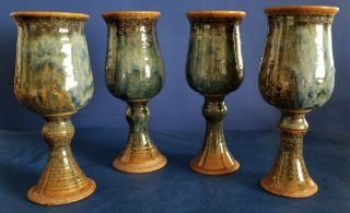 Vtg Set Of 4 Drip Glaze Studio Stoneware Multicolor Goblets 8 " Olson Style