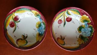2 Deruta Italy 7 " Round Ceramic Bowls Wine Red Rim Hand Painted Fruit Pattern