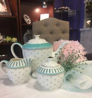 Grace’s Teaware “josephine” Teal 5 - Pc Set Teapot,  Creamer,  Sugar Bowl,  Lid