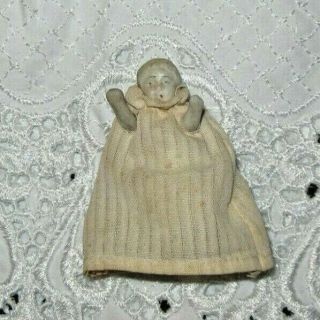 Antique Bisque Jointed Miniature Baby Doll In Christening Gown - Dollhouse