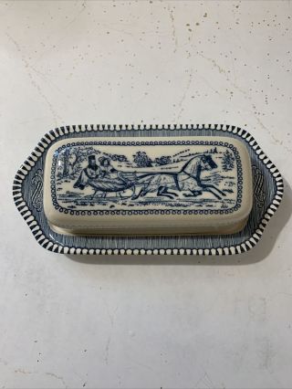 Vintage Currier And Ives Royal China Covered Butter Dish.