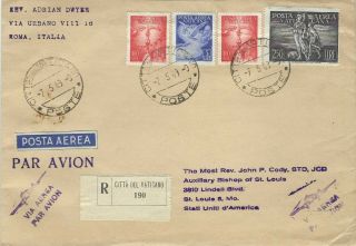 Vatican City 1949 Registered Airmail Cover To Usa Incl 250l
