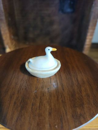 Miniature Artisan Signed Sea Porcelain Duck On A Nest Covered Dish