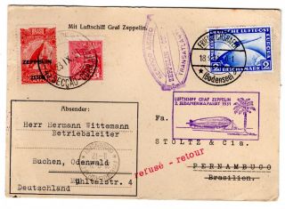 1931 Zeppelin Round Trip Friedrichshafen - Pernambuco Brazil Flight On Card