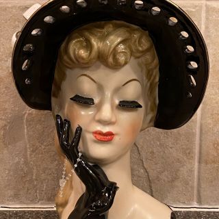 Vintage Lady Head Vase Planter With Black Hat And Gloves Red Lips Eyelashes