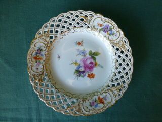 Antique Meissen Crossed Swords Hand Painted Floral Reticulated Border Plate