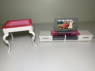Barbie Furniture Pink White Table,  Entertainment Center,  Tv Dvd Player Stereo