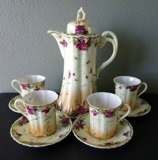 Vintage Hand Painted Japanese Porcelain Chocolate Pot W/ 4 Cups & Saucers