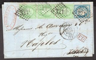 102 France To Italy Folded Letter 1872 Strip Of Three Rouen - Naples Contents