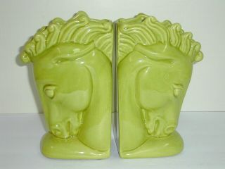 Rare Royal Haeger Horse Head Vase Bookends Mcm Lime Green Pottery