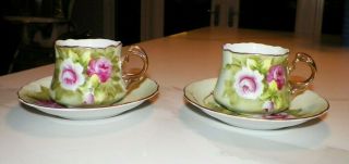Vtg Lefton China Green With Big Pink Cabbage Roses Pair (2) Demitasse Cups Sauce