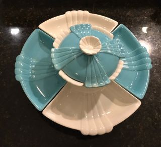 Vintage California Pottery Lazy Susan Turquoise And White L61