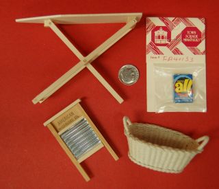 Wash Day Ironing Board,  Hand Made Clothes Basket,  Soap,  & Washboard,  1:12 Scale