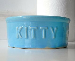 Rare Htf Nos Blue Watt " Kitty " Pet Dish/food Bowl,  Raised Letters X (2) 5 " X 2 "